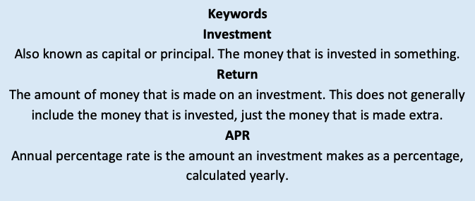 Investment, return and APR key terms