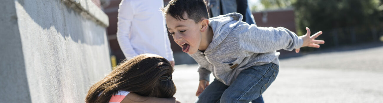 School children teasing another child School children teasing another child
